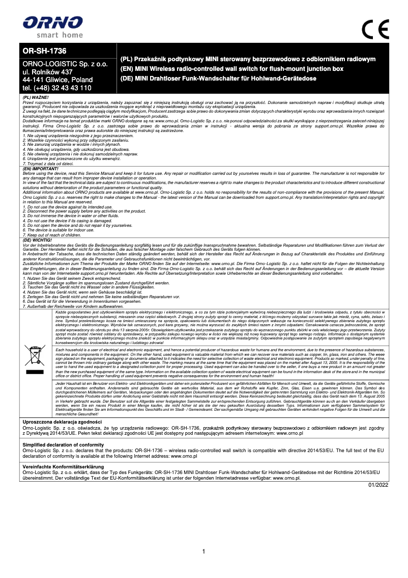 Image de la première page du manuel de l'appareil OR-SH-1736