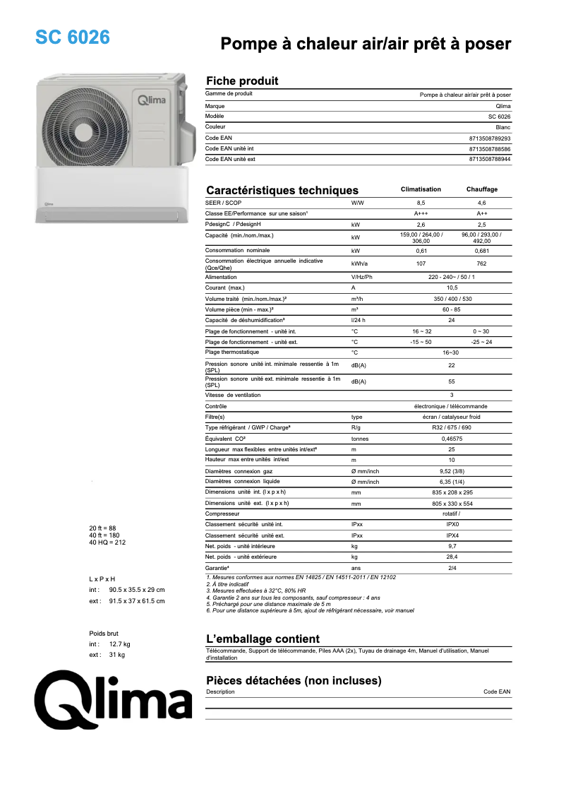 Page 1 de la notice Fiche technique Qlima SC6026