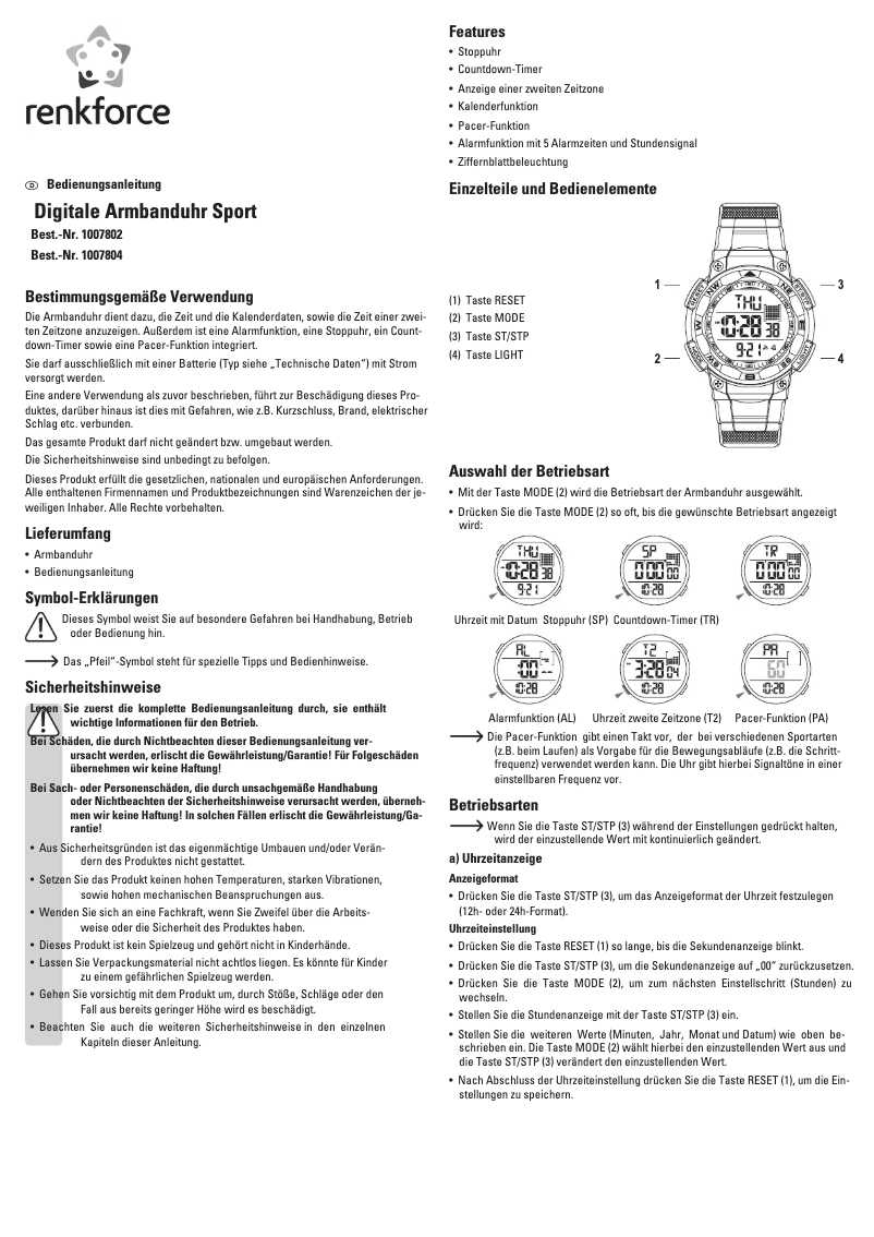 Page 1 de la notice Manuel utilisateur Renkforce 1007802