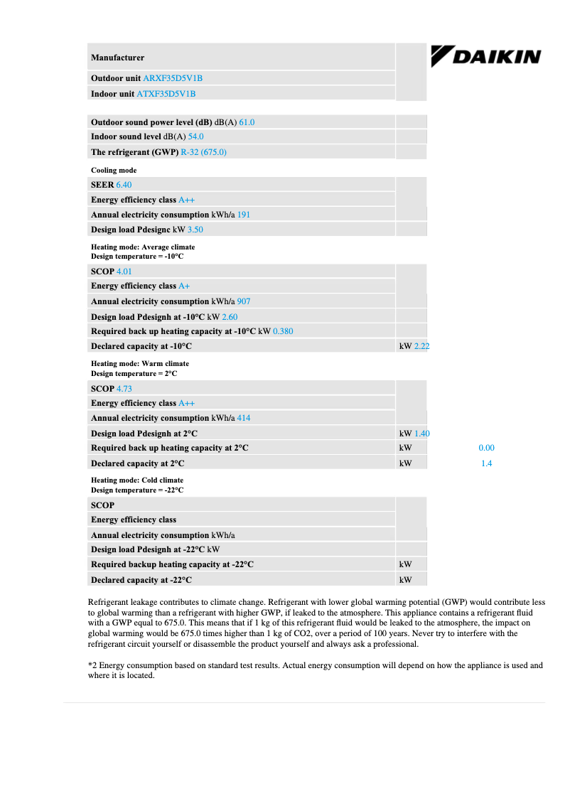 Página 1 del manual Ficha técnica Daikin ARXF35D5V1B