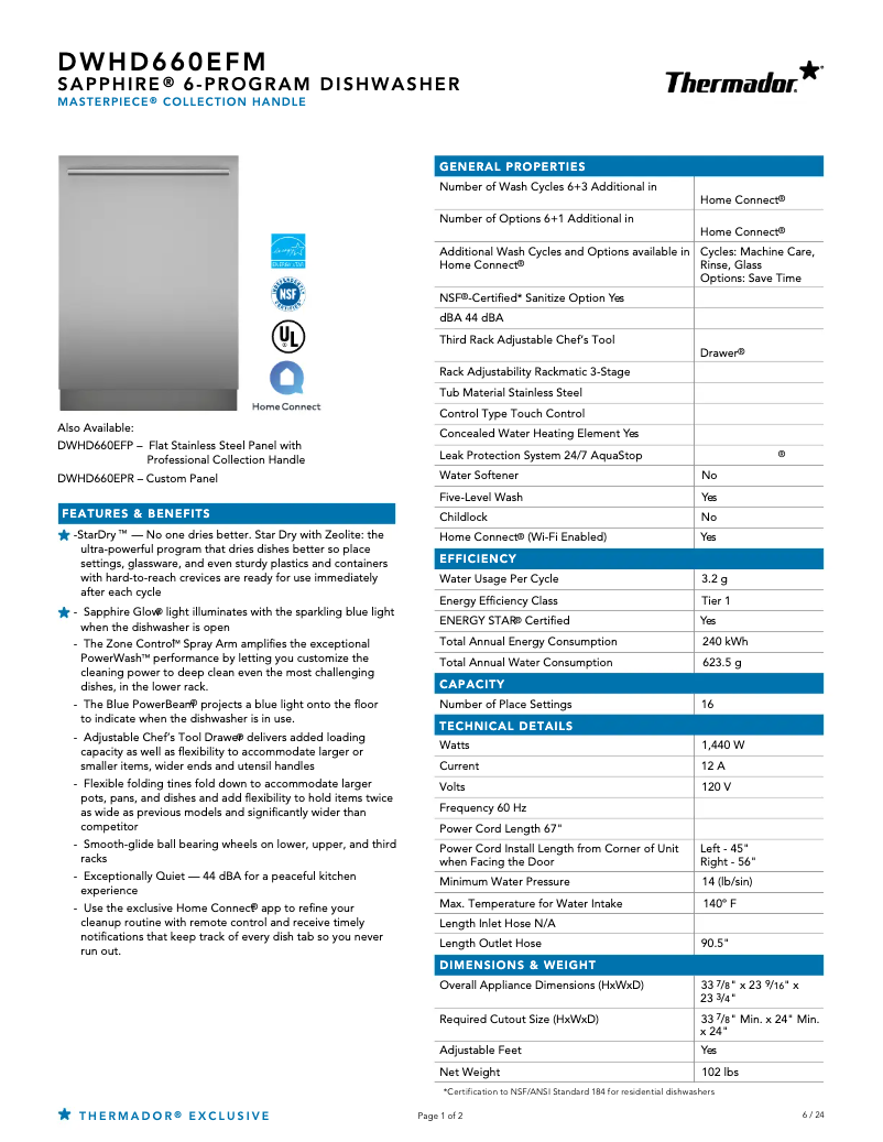 Page n°1 - Fiche technique Thermador DWHD660EFM