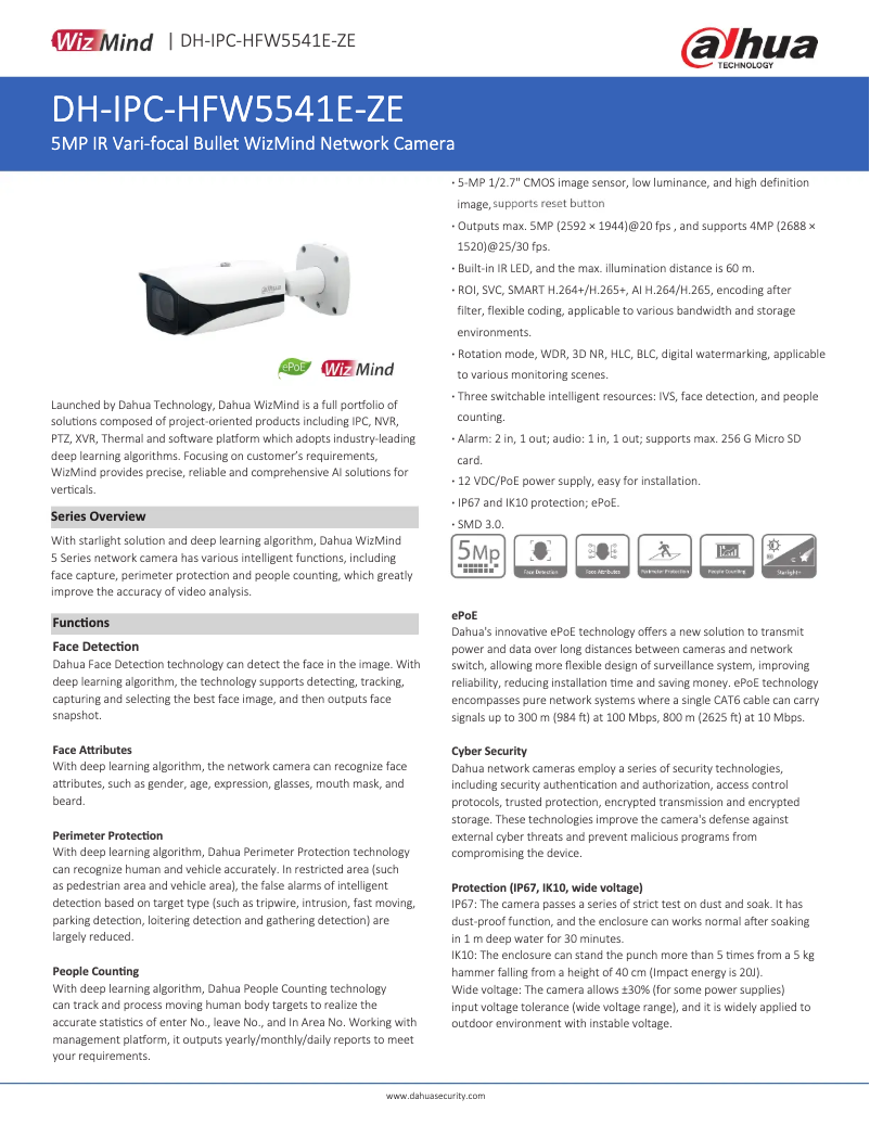 Page 1 de la notice Fiche technique Dahua Technology IPC-HFW5541E-ZE
