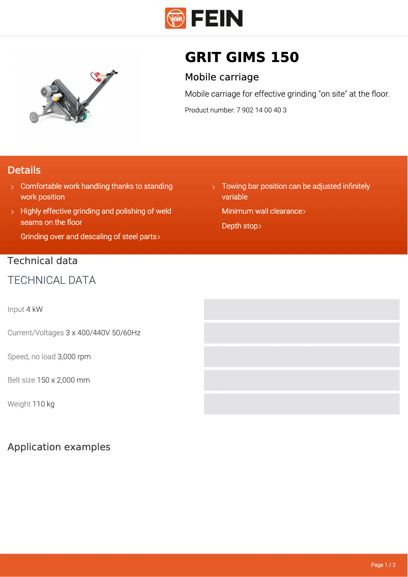 Page n°1 - Fiche technique Fein GRIT GIMS 150