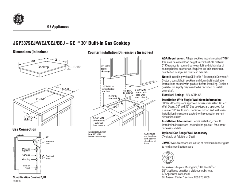Page n°1 - Fiche technique GE JGP337WEJWW