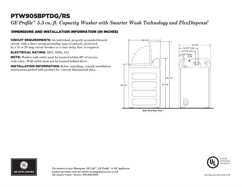 First page image of the manual for PTW905BPTDG