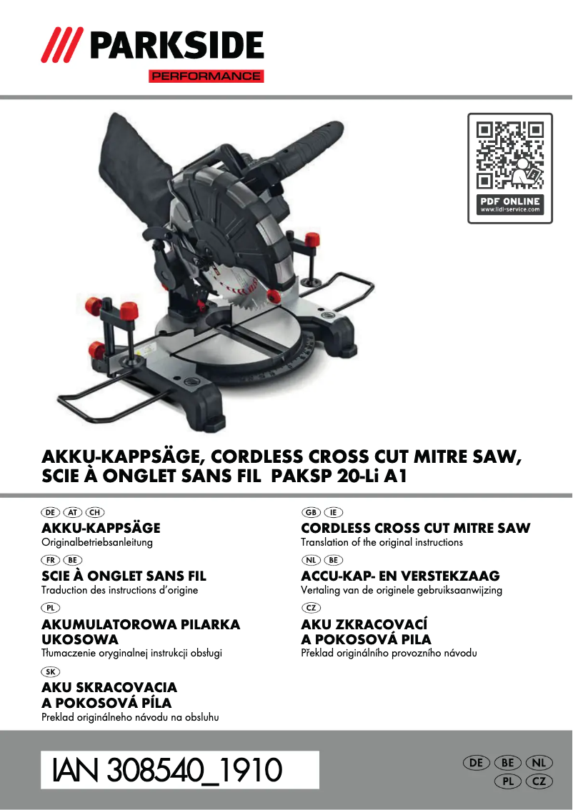 Page n°1 - Manuel utilisateur Parkside PAKSP 20-Li A1