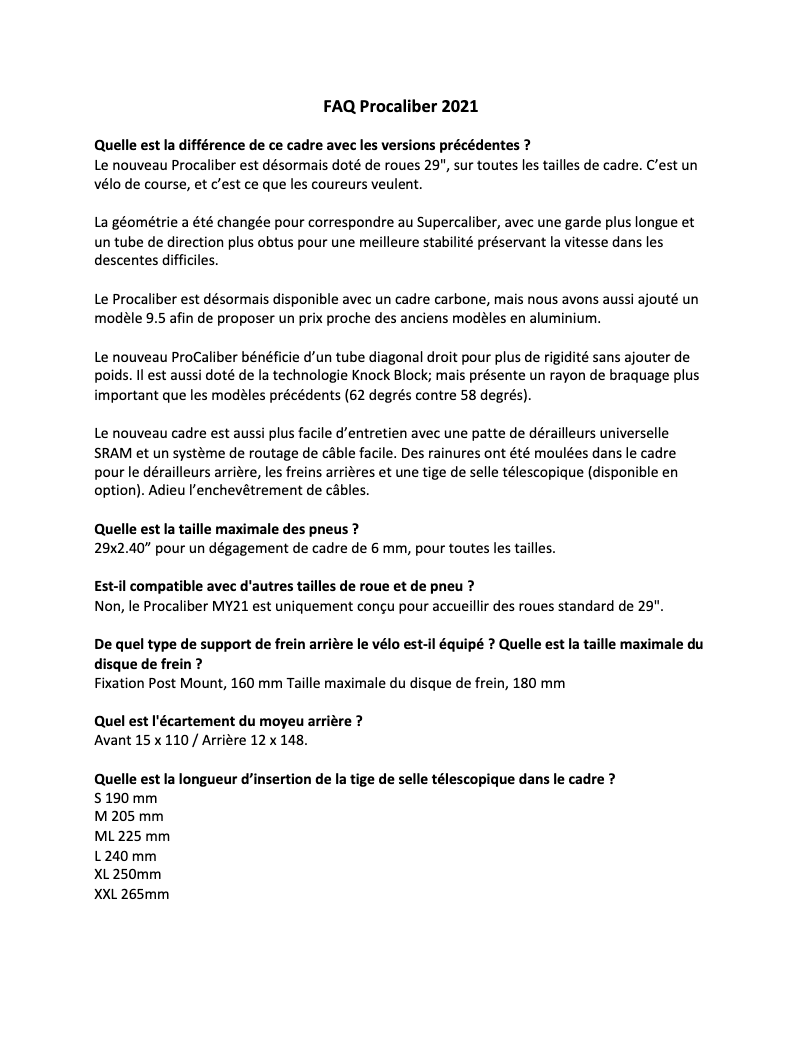 Page 1 de la notice FAQ Trek Procaliber