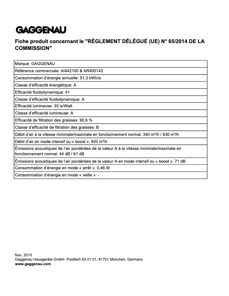 Page 1 de la notice Fiche technique Gaggenau AI442100