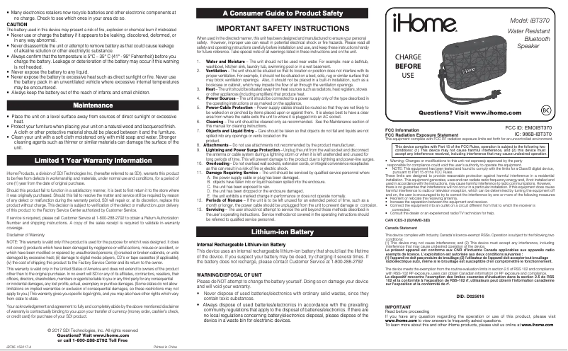 Page n°1 - Manuel utilisateur iHome iBT370