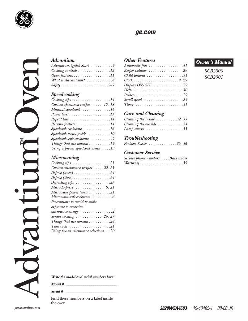 Page n°1 - Manuel d'utilisation et d'entretien Advantium SCB2001CSS