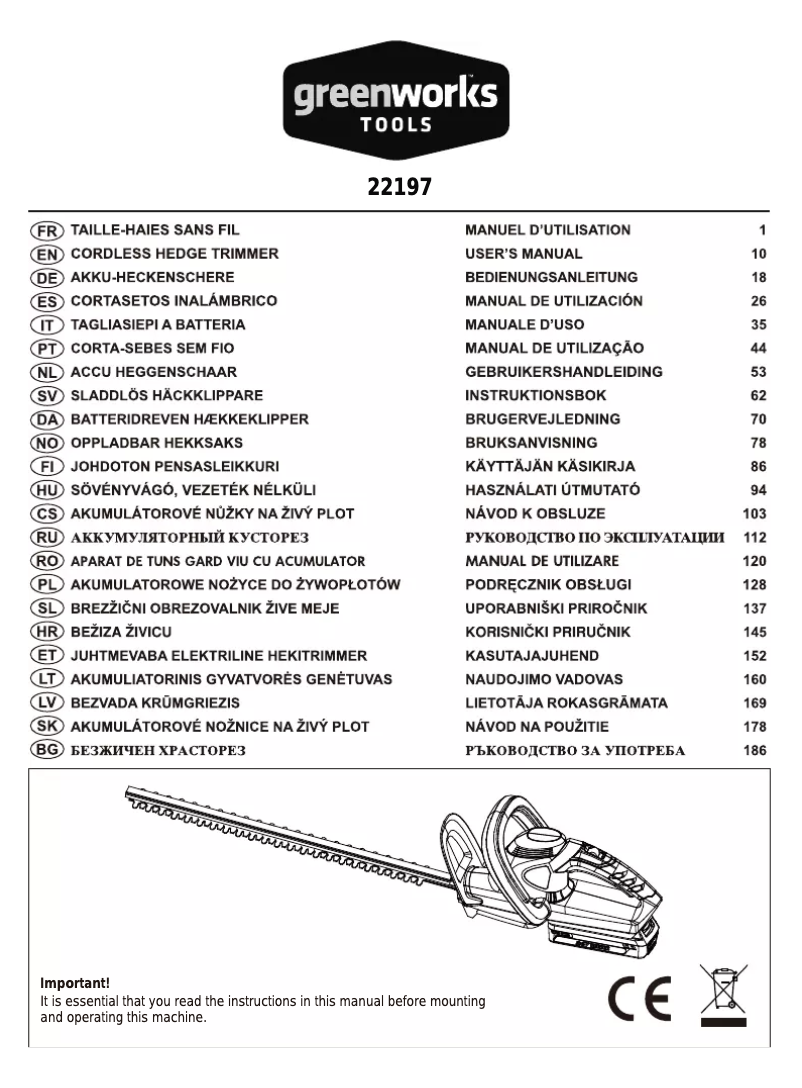 Page 1 de la notice Manuel utilisateur Greenworks 22197
