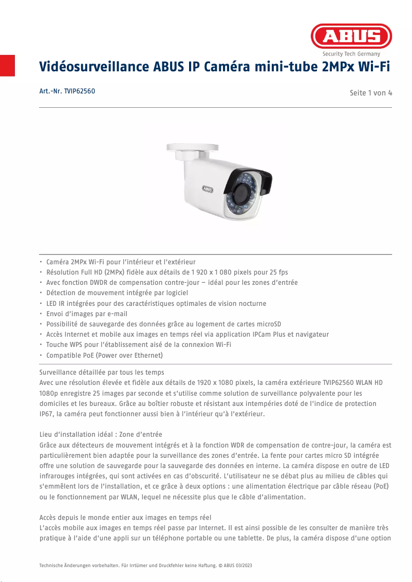 Page n°1 - Fiche technique Abus TVIP62560