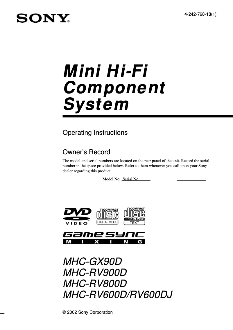 Page 1 de la notice Manuel utilisateur Sony MHC-RV600DJ