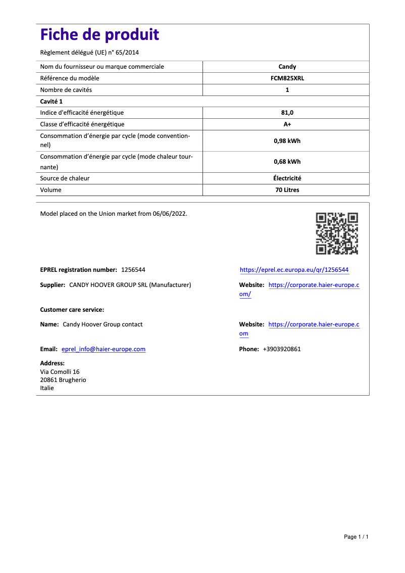 Page 1 de la notice Manuel utilisateur Candy FCM825XRL