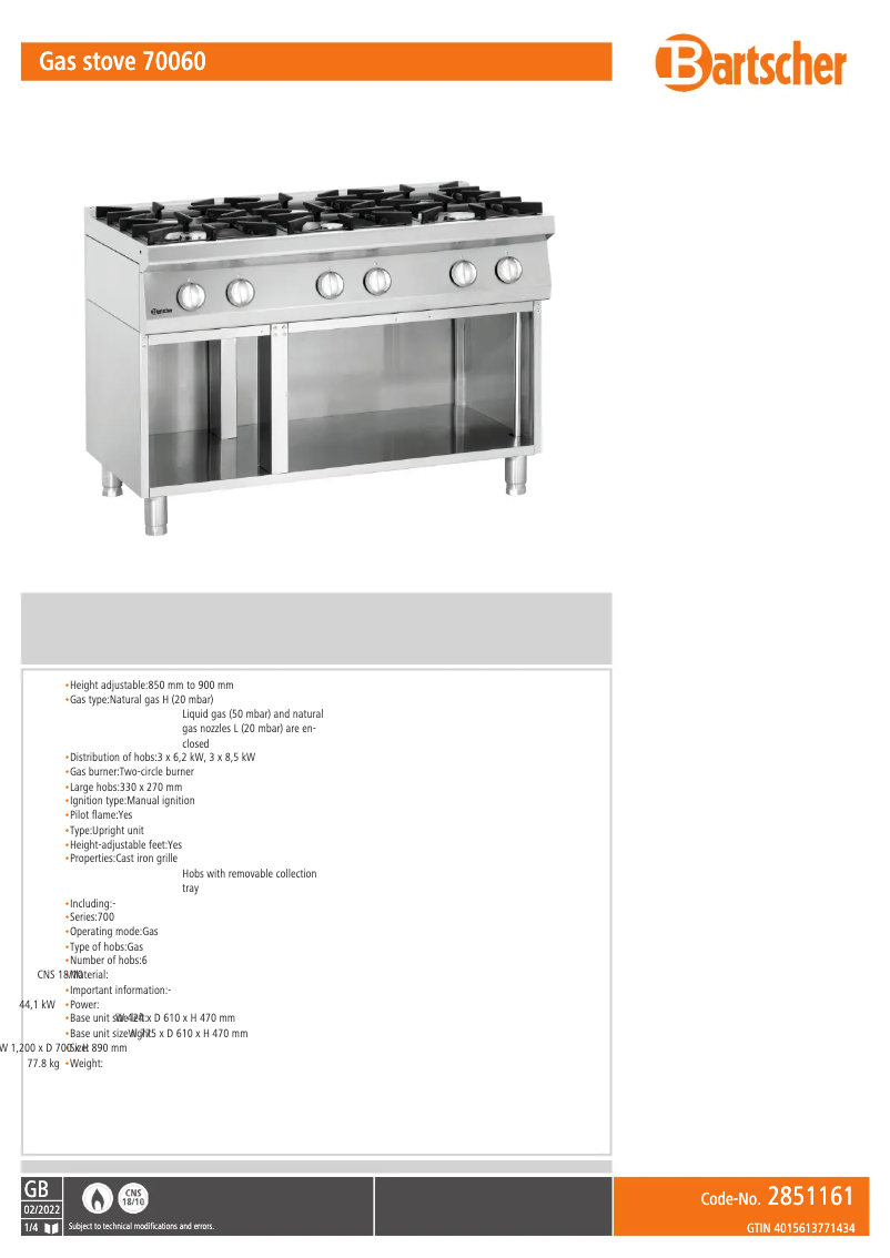 Page 1 de la notice Fiche technique Bartscher 2851161