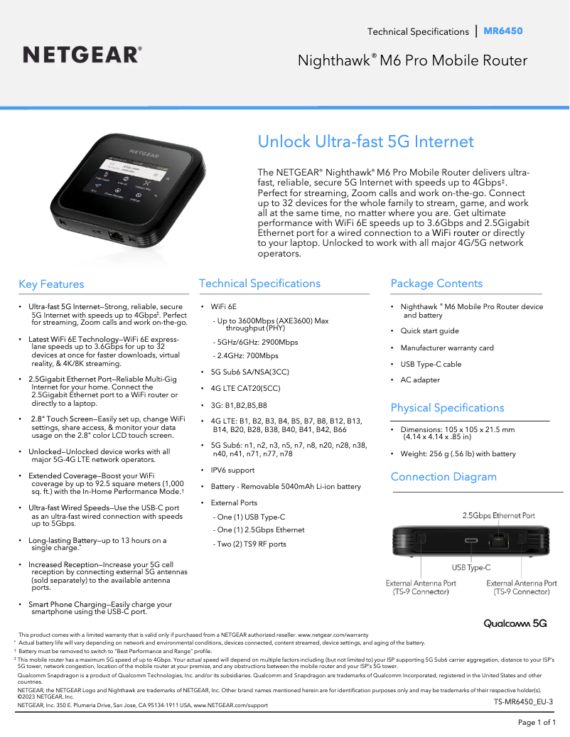 Page 1 de la notice Fiche technique Netgear Nighthawk M6 Pro MR6450