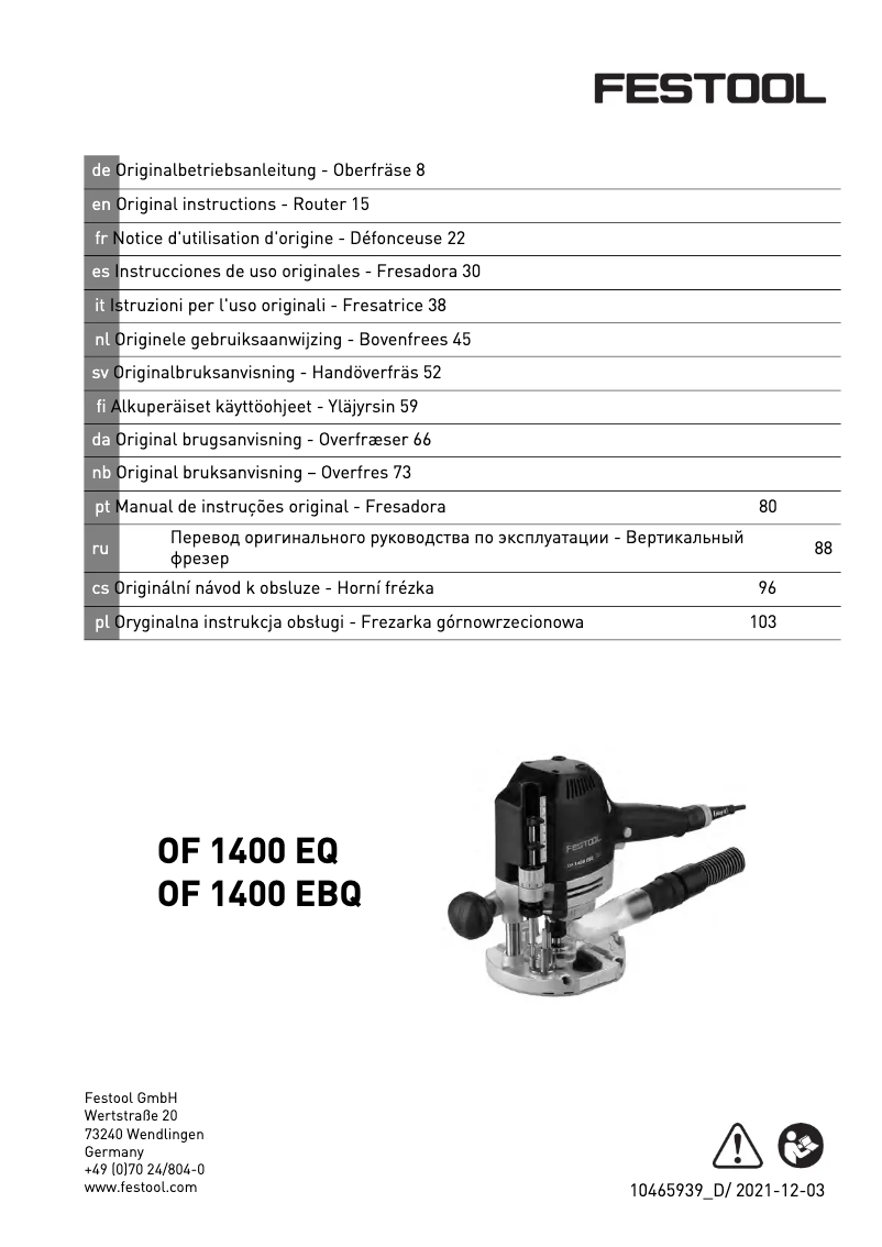 Page 1 de la notice Manuel utilisateur Festool OF 1400 EBQ-PLUS
