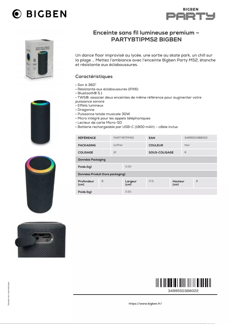 Page 1 of the manual Technical Sheet Bigben PARTYBTIPMS2