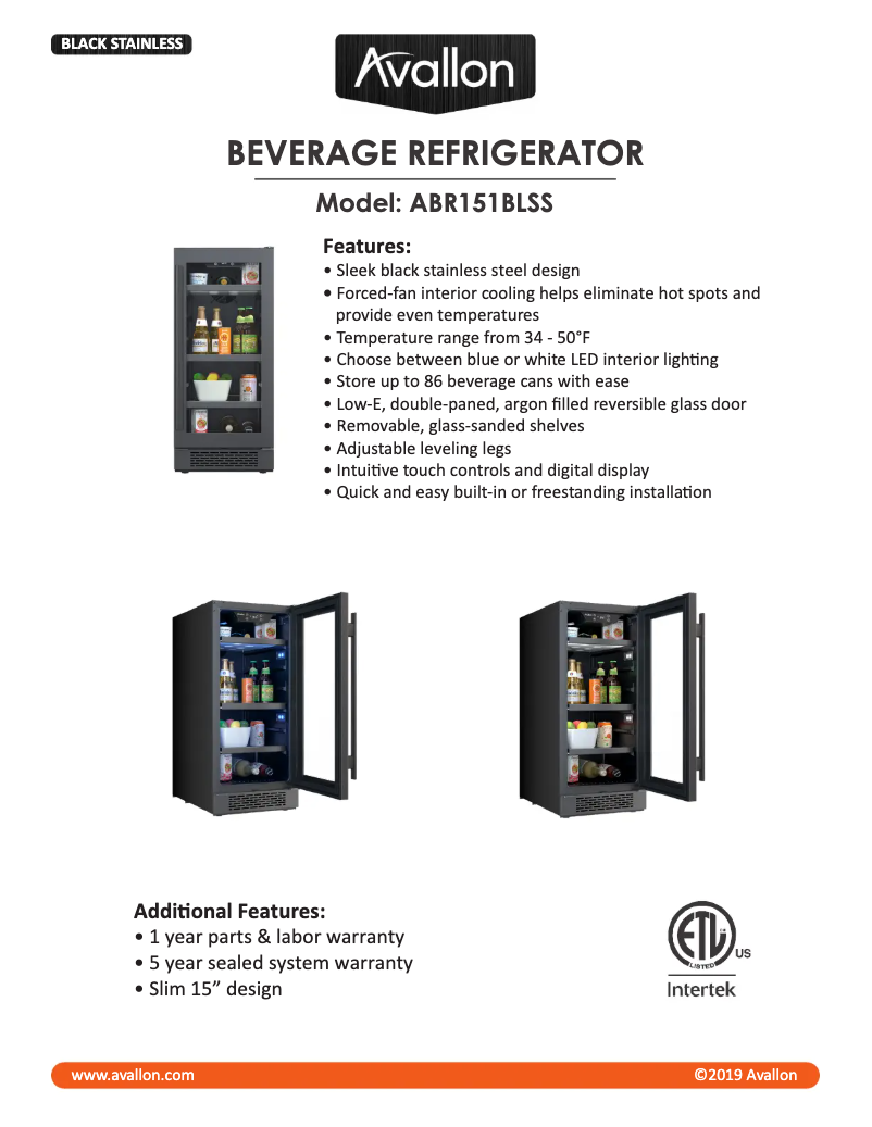 Page 1 de la notice Fiche technique Avallon ABR151BLSS