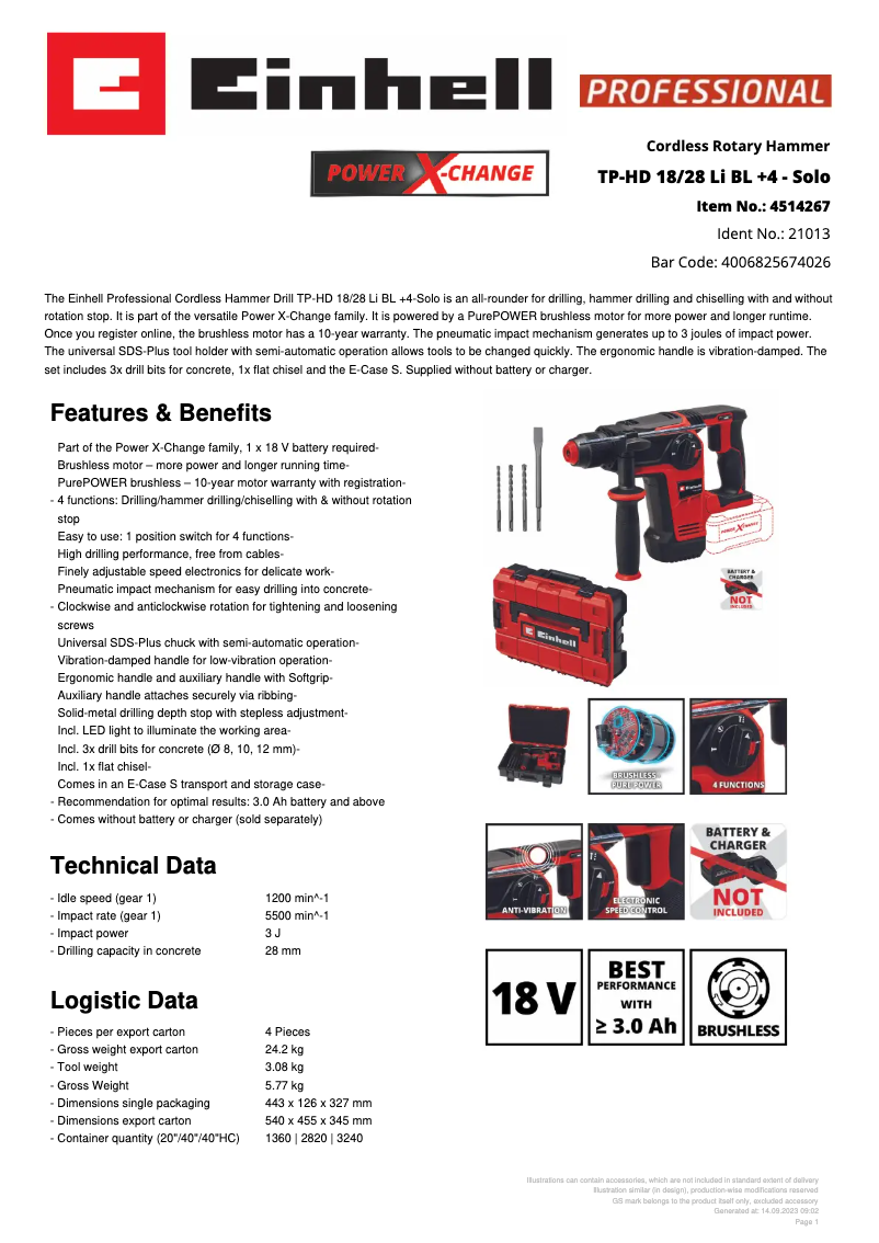Page 1 de la notice Fiche technique Einhell TP-HD 18/28 Li BL