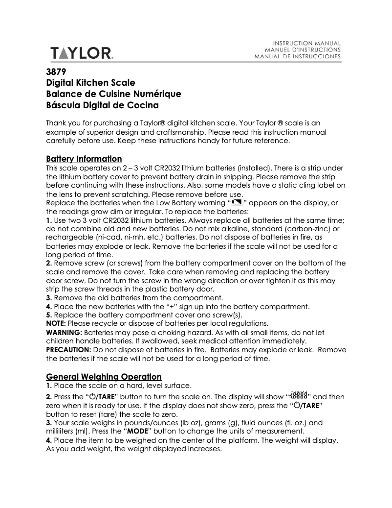 Page 1 de la notice Manuel utilisateur Taylor 3879