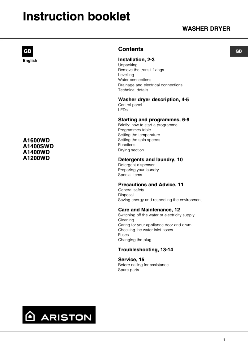 Page 1 de la notice Manuel utilisateur Ariston Thermo A1400SWD
