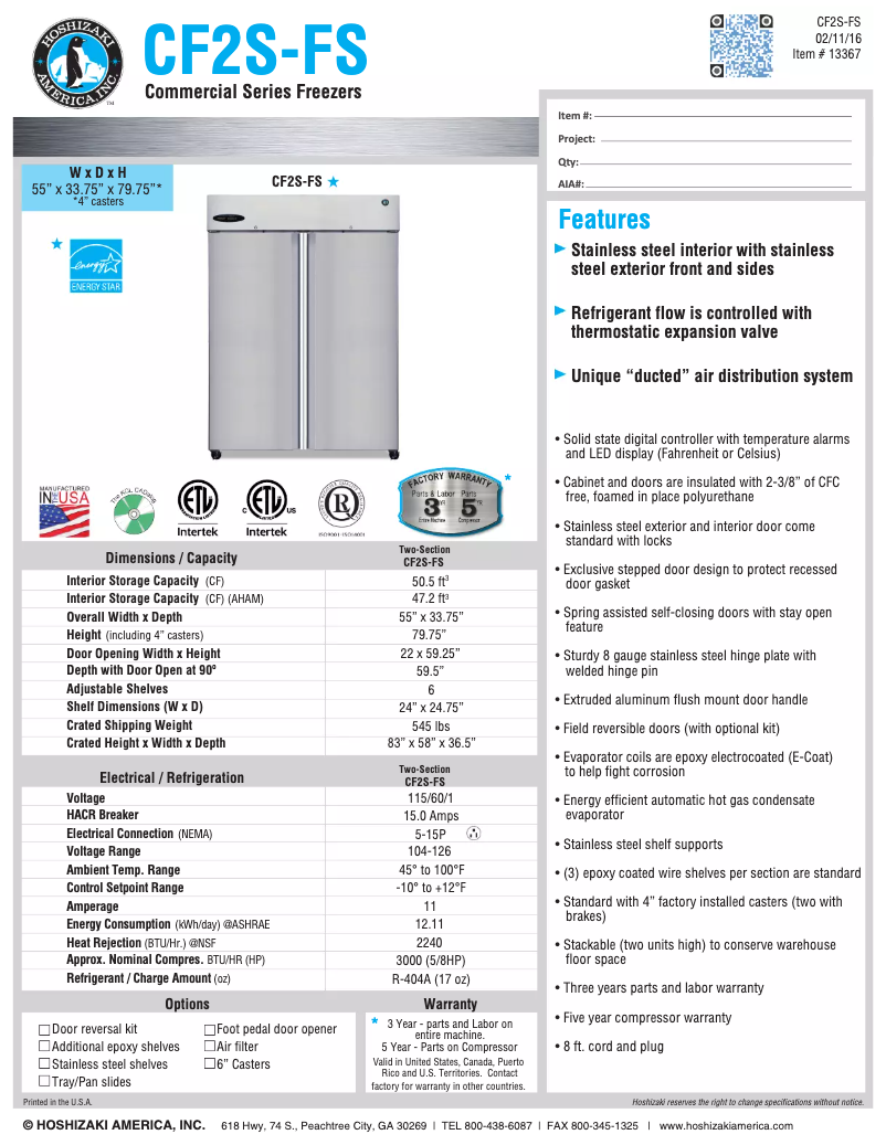 Page n°1 - Fiche technique Hoshizaki Commercial CF2S-FS