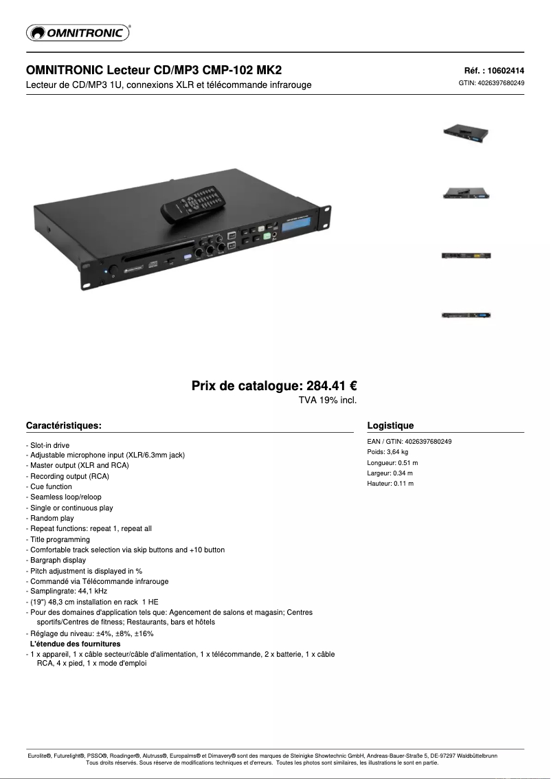 Page 1 de la notice Fiche technique Omnitronic CMP-102 MK2