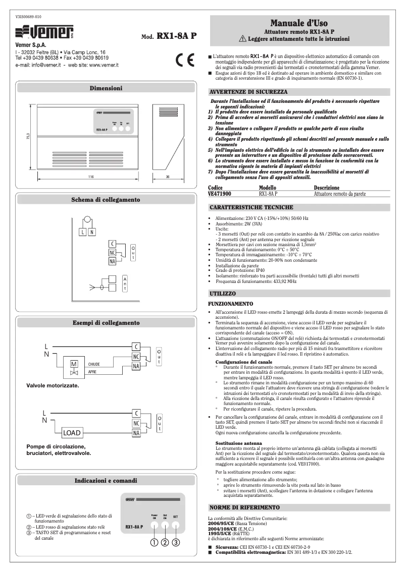 Page n°1 - Manuel utilisateur Vemer RX1-8A P