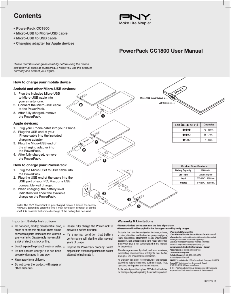 Page 1 de la notice Manuel utilisateur PNY PowerPack CC1800