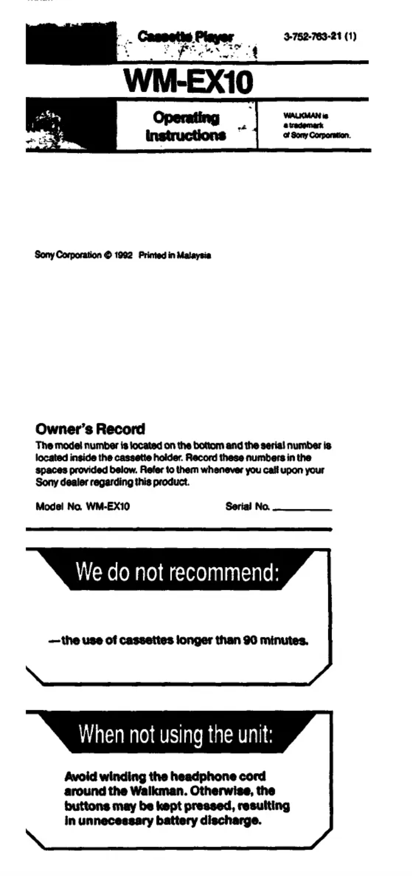 Image de la première page du manuel de l'appareil Walkman WM-EX10