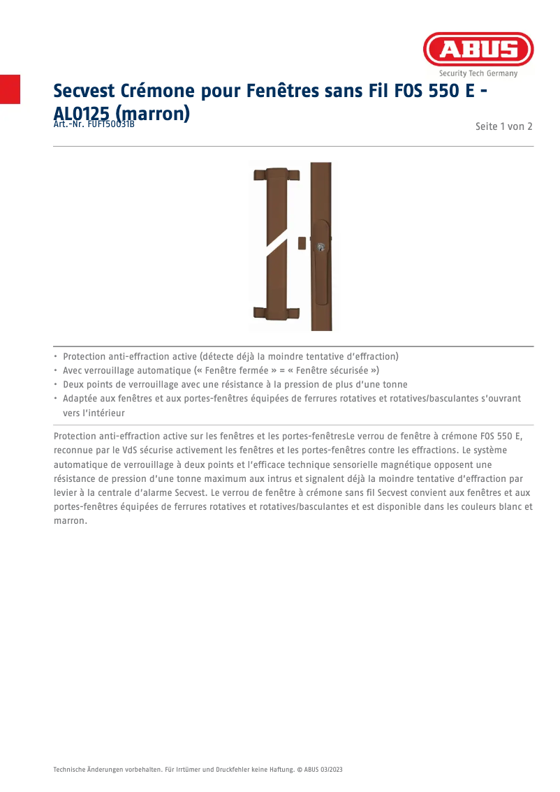Page n°1 - Fiche technique Abus FUFT50031B