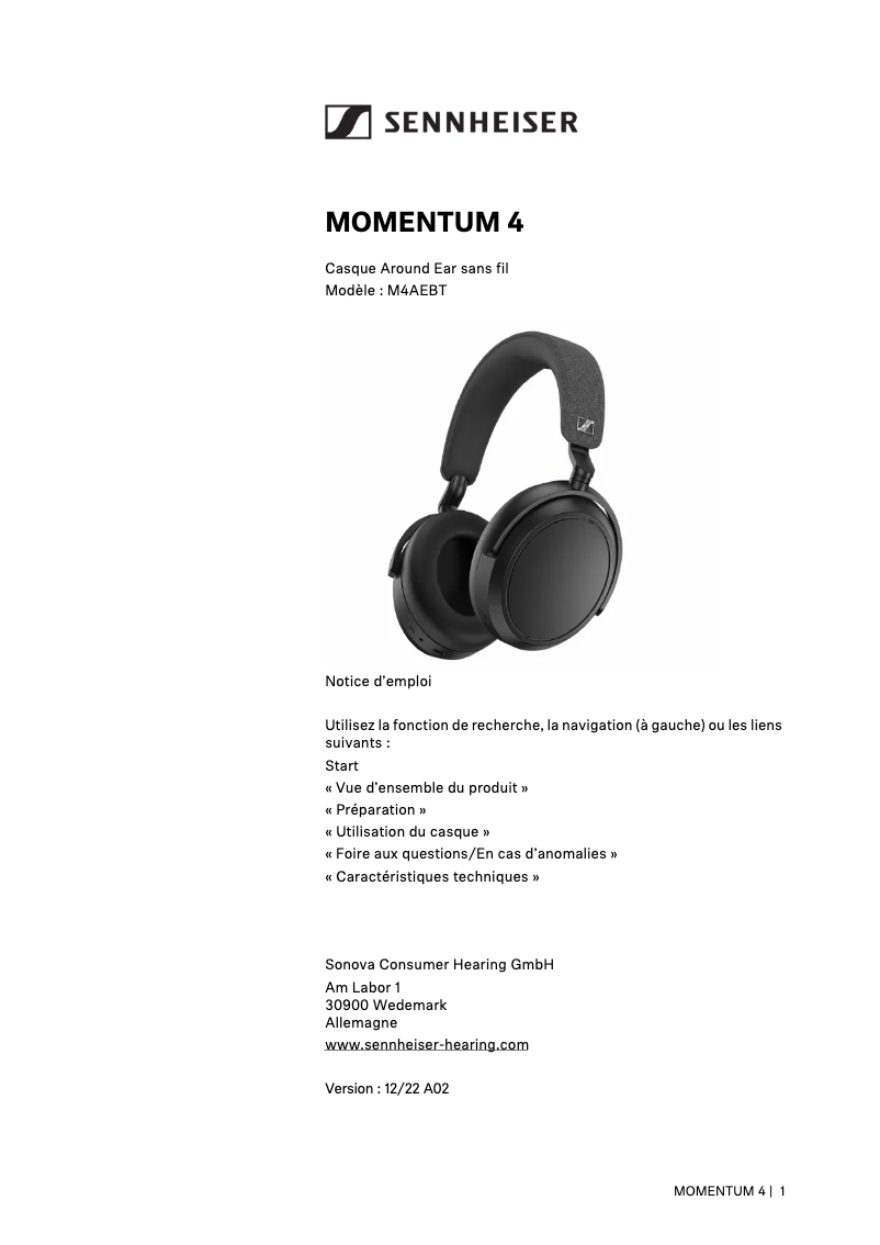 Image de la première page du manuel de l'appareil Momentum 2.0 Wireless
