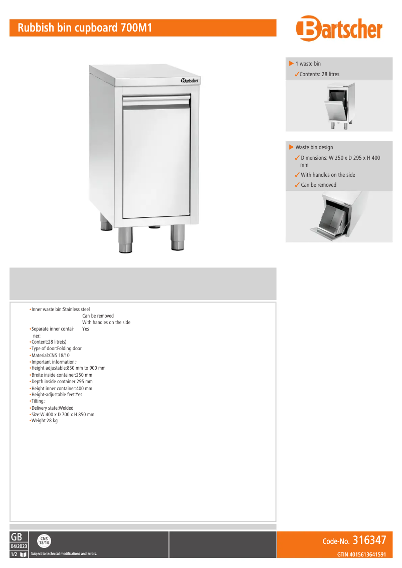 Page n°1 - Fiche technique Bartscher 316347