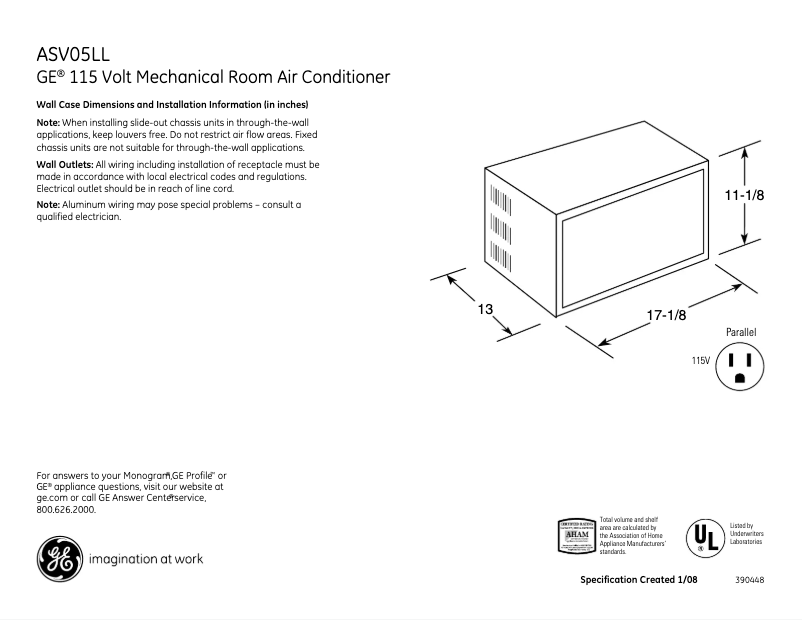 Page n°1 - Fiche technique GE ASV05LL