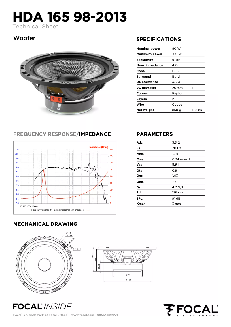 Page 1 de la notice Fiche technique Focal HDK 165-98/2013