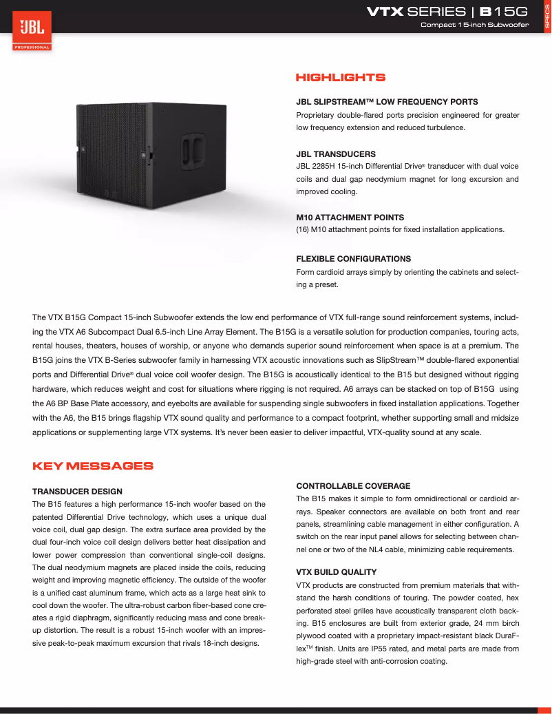 Page 1 de la notice Fiche technique JBL VTX B15G