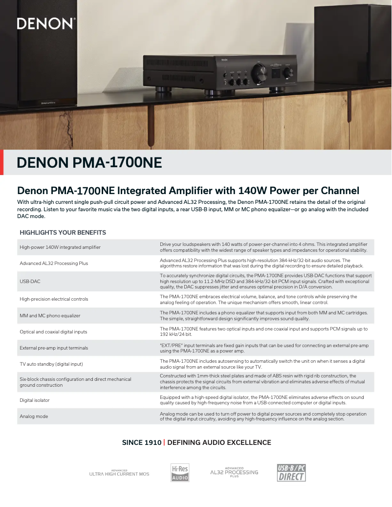 Page 1 de la notice Fiche technique Denon PMA-1700NE