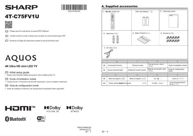 Page 1 de la notice Guide d'installation Sharp 4T-C75FV1U
