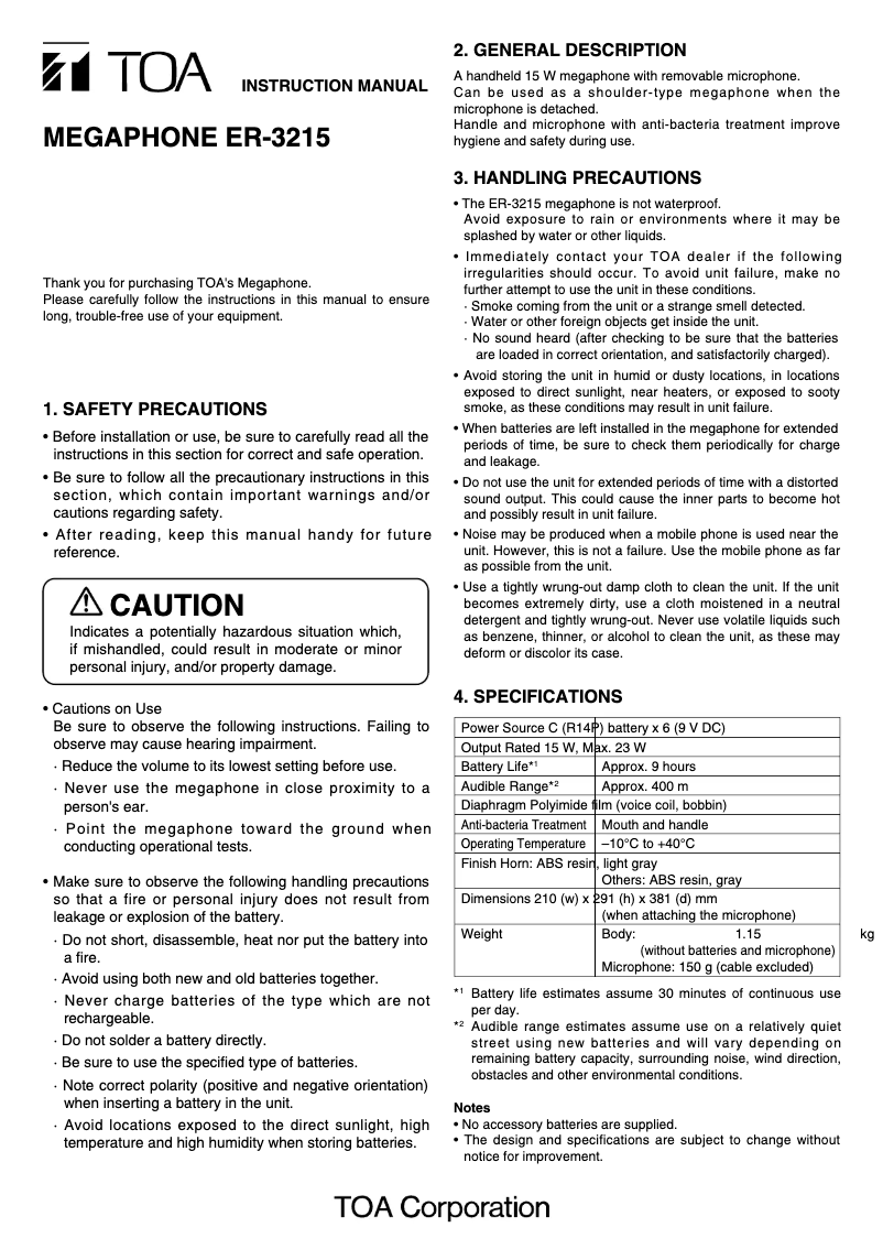 Page 1 of the manual User Manual TOA ER-3215