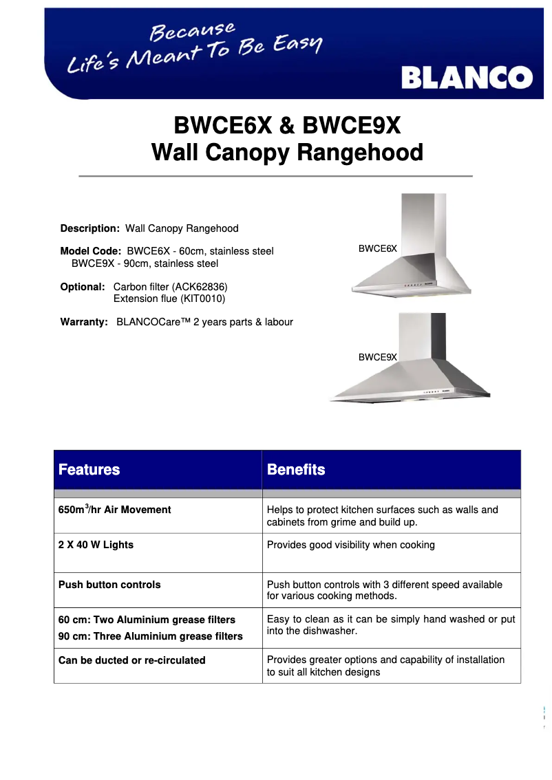 Page 1 de la notice Fiche technique BLANCO BWCE6X