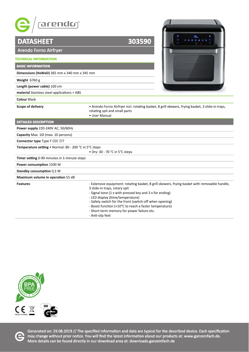 Page 1 de la notice Fiche technique Arendo 303590
