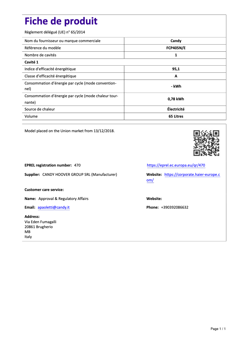 Page n°1 - Manuel utilisateur Candy FCP405N/E