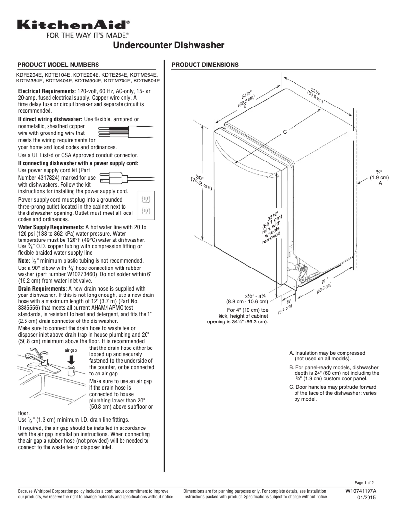 Page 1 de la notice Fiche technique KitchenAid KDTM354E