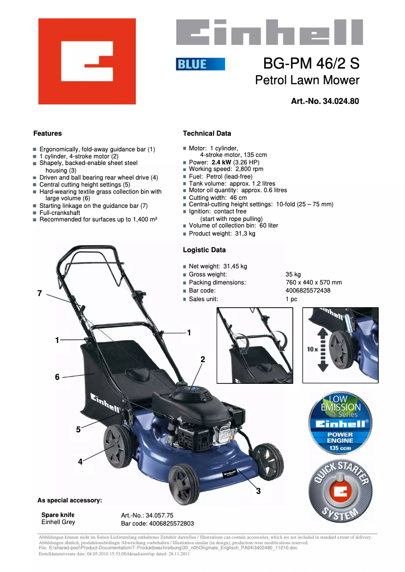 Page 1 de la notice Manuel utilisateur Einhell BG-PM 46/2 S