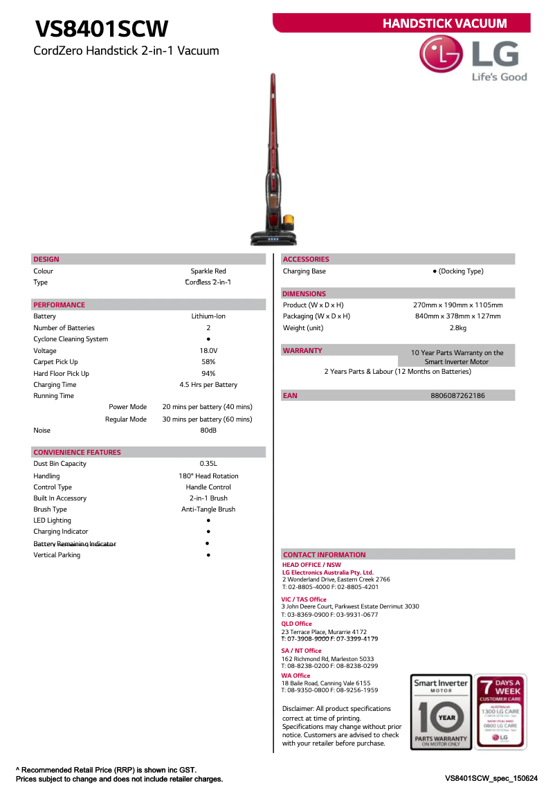 Página 1 del manual Ficha técnica LG VS8401SCW