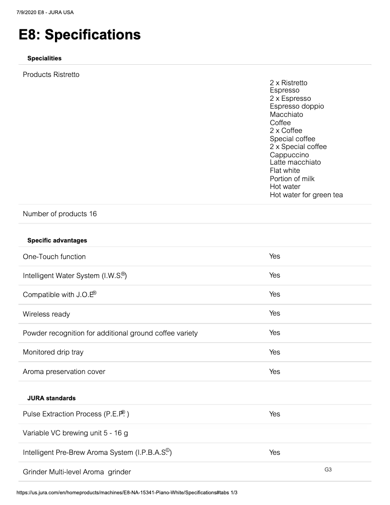 Page 1 de la notice Fiche technique Jura E8