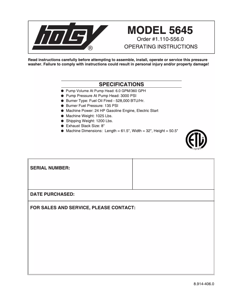 Page n°1 - Manuel utilisateur Hotsy 5645