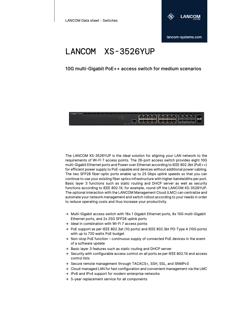 Page 1 de la notice Fiche technique Lancom XS-3526YUP