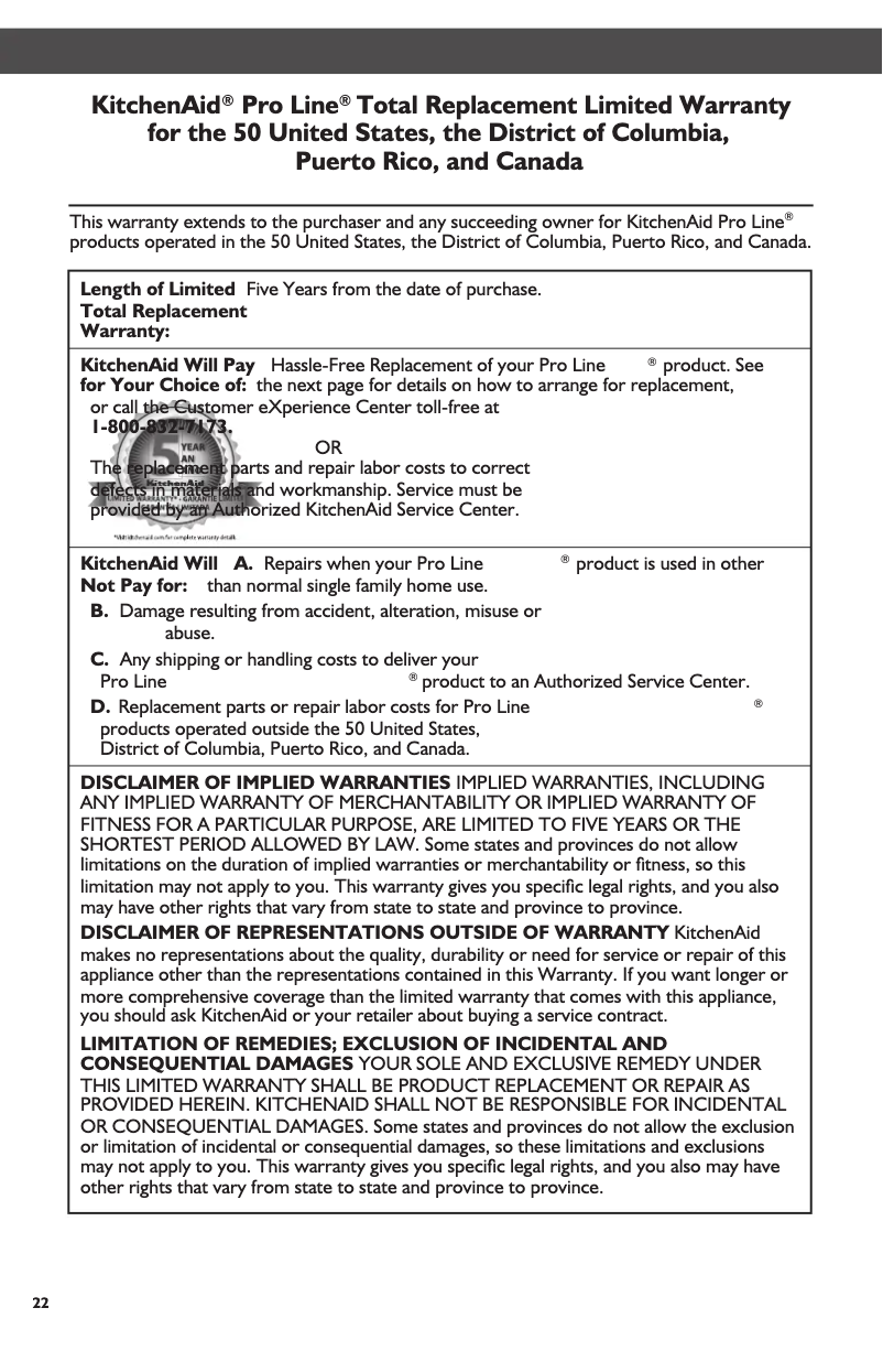 Page 1 de la notice Informations de garantie KitchenAid KSM7588PCP